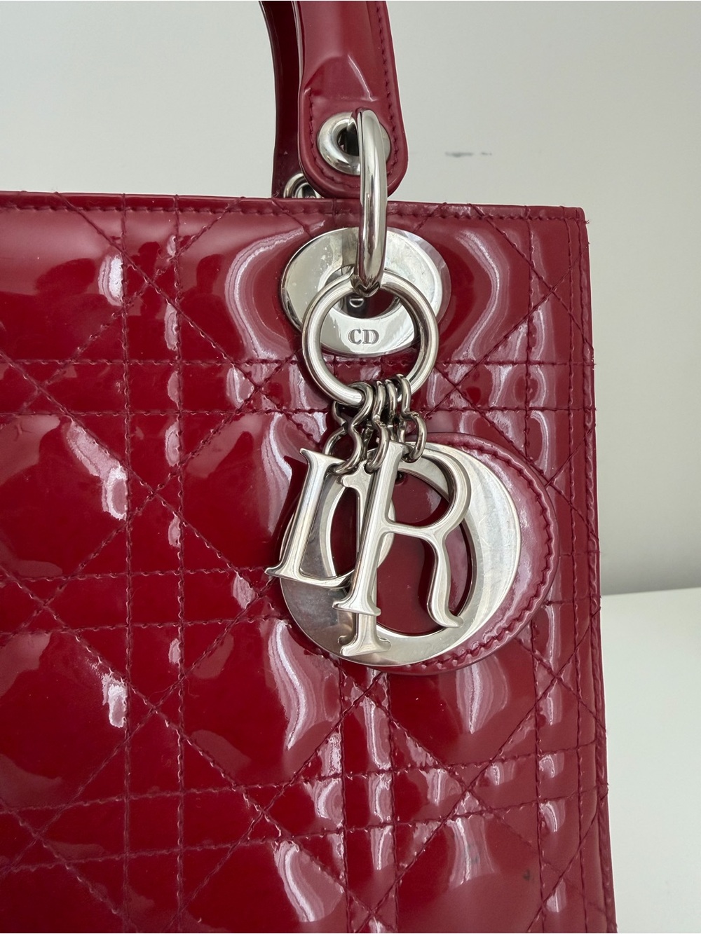 Lady Dior Red Patent Top-Handle Satchel with Silver Charm - Picture 2 of 8